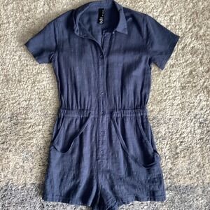 Bobi Short Sleeve 100% Cotton Utility Blue Romper XS With Cinched Waist & Pocket
